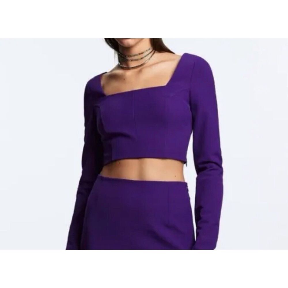 NWT ZARA Purple Crop Top Long‎ Sleeve Square Neck Side Zip Size Small